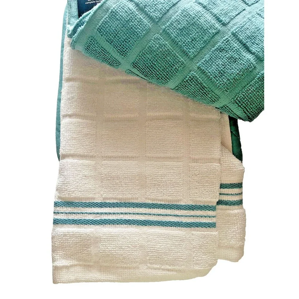 Aqua Blue Kitchen 2 Dishtowels 2 Potholders 1 Oven Mitt 100% Cotton Set of 5